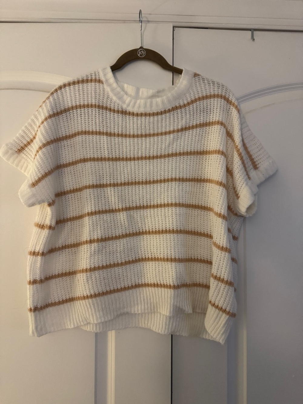 SHEIN White and Tan Striped Knit Cropped Sweater Top